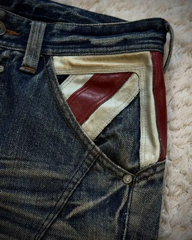 Vintage French Flag Pocket Patchwork Men's Jeans Y2K Low Waisted Straight Leg Blue Washed Denim Pants Women Casual Street Jeans