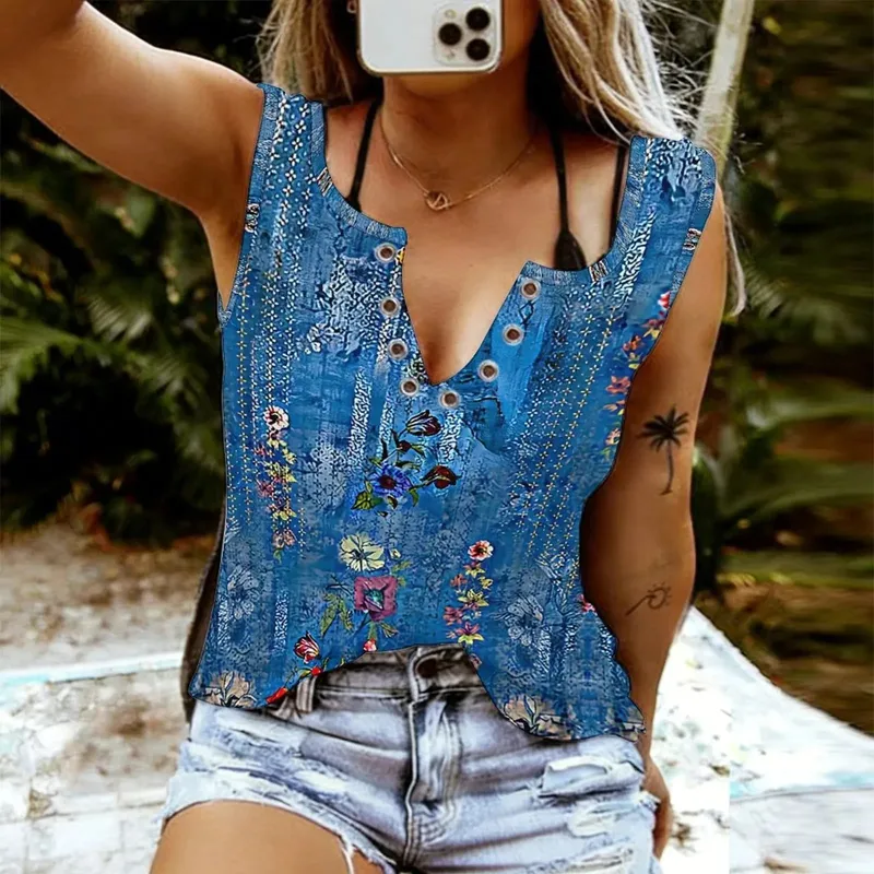 Women's Retro Elegant Tops Daily Street Wear Sexy V-Neck T-Shirt Print Sleeveless Tee Casual Vest