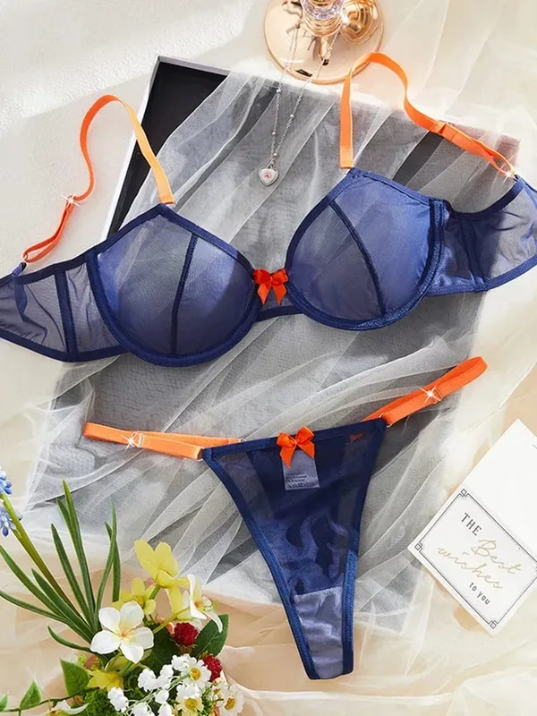 Kadın İç Giyim Lacivert Şeffaf Örgü İç Giyim Çelik Yüzükler Sütyen Turuncu Yay Thongs 2 Adet Seksi İç Giyim Kontrast Renk Intimates