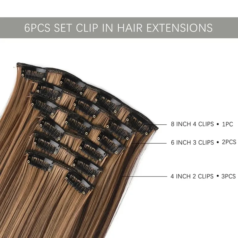 24 Inches Long Synthetic Hairpieces for Women 6Pcs Medium Brown Blonde Highlights Clip In Natural Thick DIY Styling Fiber Hair