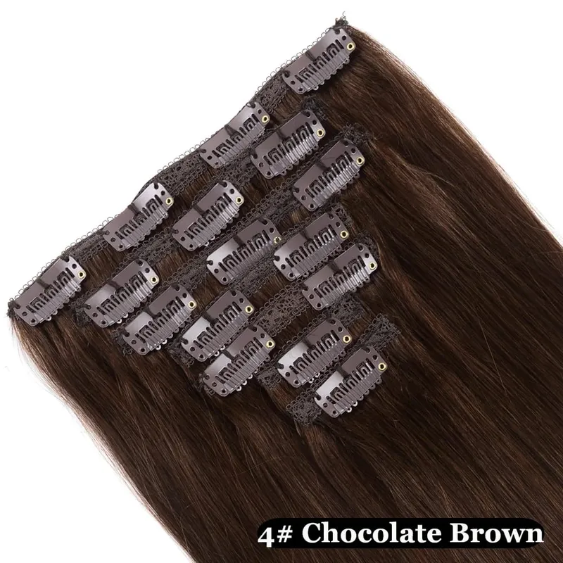 Doreen Clip Cheveux Clips en 100% Cheveux Humains Clip dans Extensions de Cheveux Véritables Pinces à Cheveux Naturelles Cousues sur Trame Brun Foncé 110G à 200G — image 10