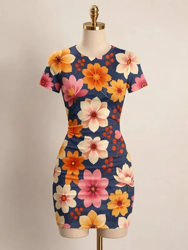 Γυναικείο κοντό μανίκι Μίνι φόρεμα Bodycon Slim Fit Crew Neck Floral print Casual καλοκαιρινό πάρτι Χαριτωμένο κομψό, απαλό Sundress για διακοπές