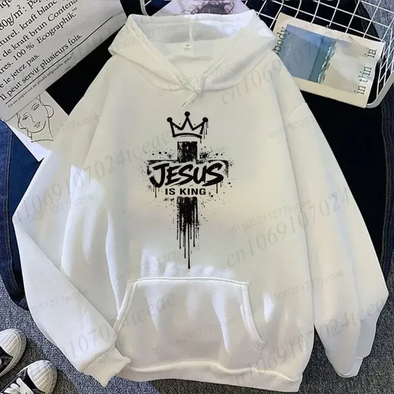 Jesus Is King Graphic Hoodies for Men Cross Crown Print Sweatshirts Christian Faith Casual Tracksuits Religious Street Tops Gift