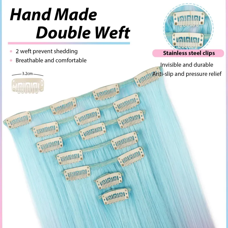 Synthetic Clip in Hair Extensions 7pcs/set Ombre Sky Blue to Hot Pink 22inch Colorful Clip in Hair Multi Styles Straight/Wavy
