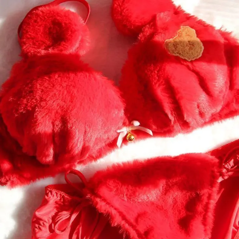 Winter Cute Cartoon Bear Embroidery Sweet Lingerie Bras Underpants Underwear Two Piece Sets Sweet Plush Set Sexy Girlfriend Gift