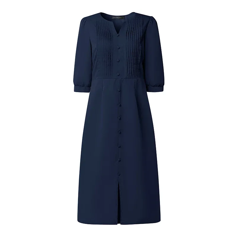 2026 ZANZEA Stylish Split Hem Dress Women Summer Sundress V Neck Half Sleeve Holiday Midi Robe Casual Solid Color Work Dresses