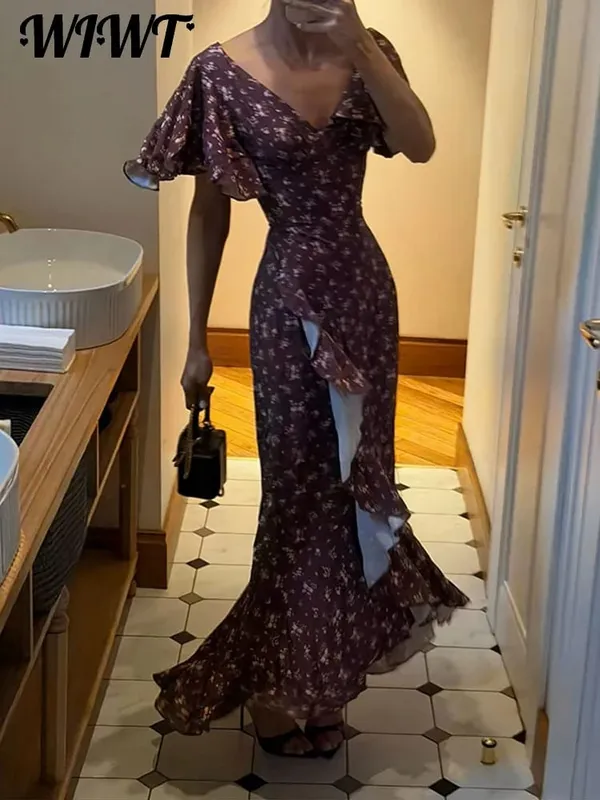 Floral Print 2026 Summer Lady Sexy V-neck Ruffles Short Flare Sleeve Split Midi Dresses Women's Slim High Waisted Party Vestidos