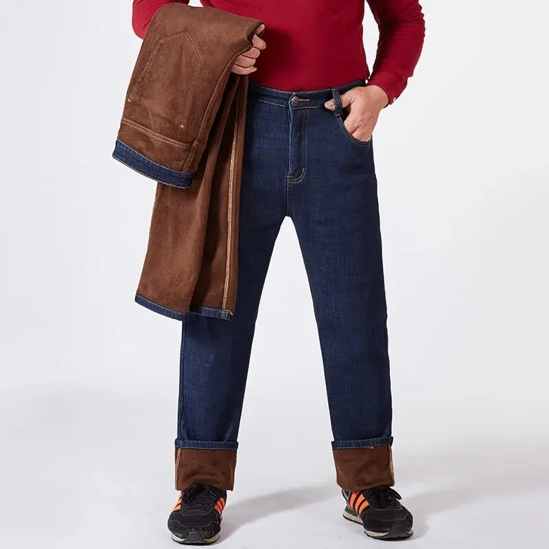 Men Plus Size 10XL Winter Warm Plush Jeans Stretch Loose Straight Baggy Denim Trousers for Comfortable Wear Oversize Streetwear