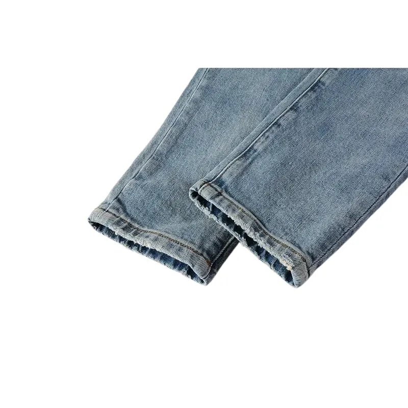 Men's Slim Taper Ripped Jeans Vintage Light Blue Wash Frayed Edges Button Fly High Street Style Denim Pants