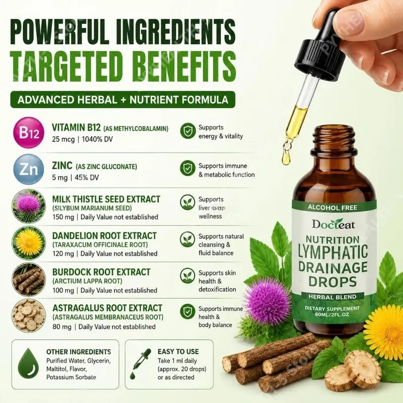 Lymphatic Drainage Drops Alcohol-Free Blend Supports Lymphatic Balance and Vitality with Vitamin B12 and Zinc 60 Ml