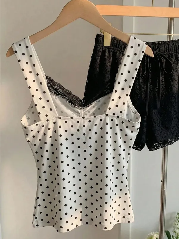 Women's Sexy Lace Trim Pleating Chest Bow Decor Slim Fit Tank Top Casual Backless Polka Dots V-Neck Top Summer 2026