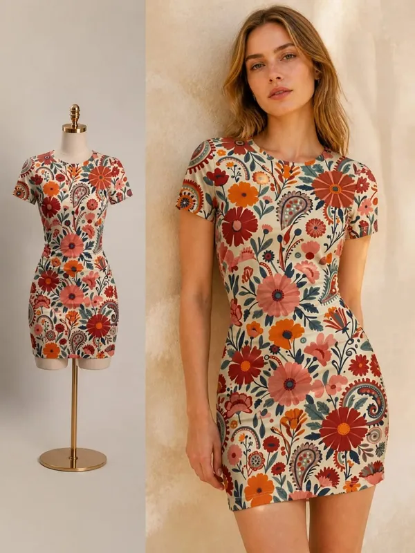 Pakaian Mini Bodycon Lengan Pendek Wanita Slim Fit Leher Krew Cetak Bunga Kasual Pesta Musim Panas Comel Regangan Bergaya Sundress