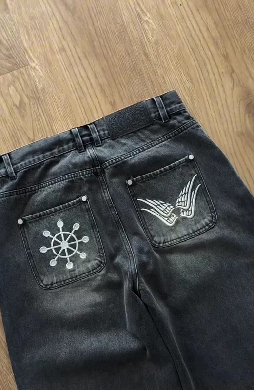 Y2K Gothic Japanese Embroidery Baggy Jeans High Street Retro Straight Wide Leg Denim Pants Harajuku Work Pants Pirate Jeans
