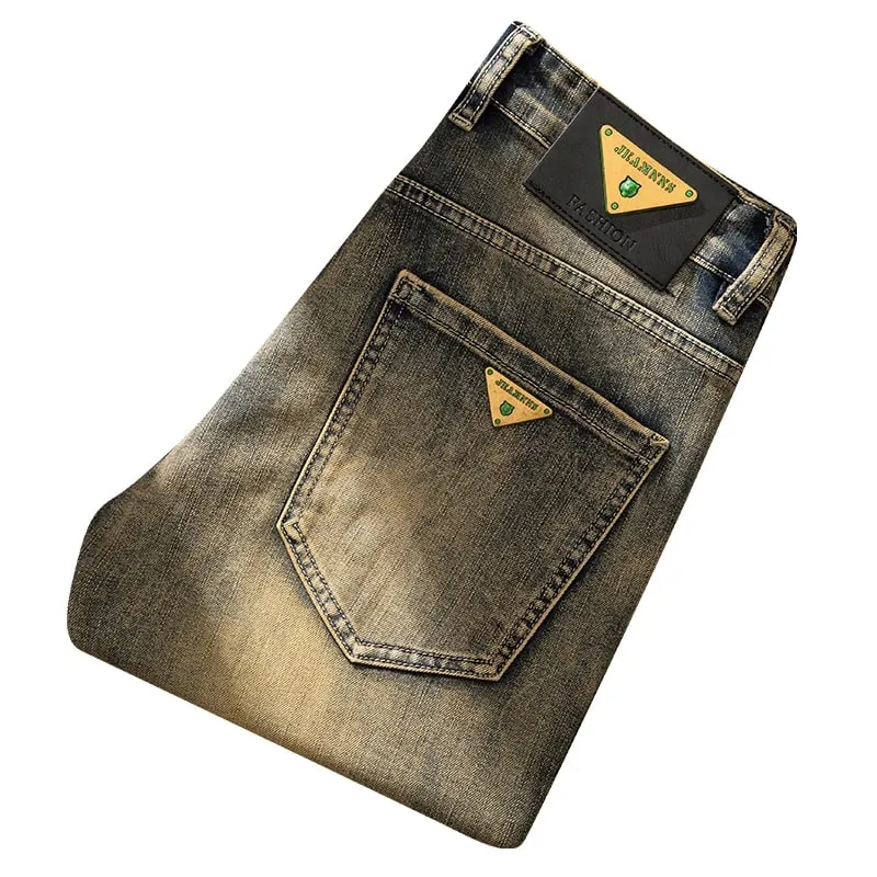 European Trendy Brand Yellow Mud Jeans Men's Retro Old Slim Fit Fashion Long Pants Autumn and Winter Thick Pants