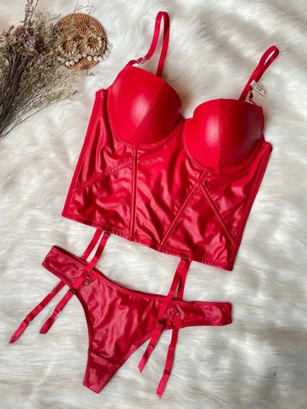 Wriufred Sexy Glossy Gathering Bra Panties Set Leather Small Bone Shaped Body Shaper Waist Underwear Set Red Bralette