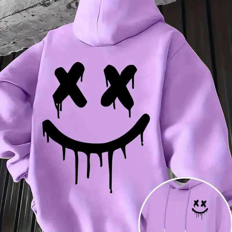 Smiley face print men's and women's autumn winter trendy printed hooded fleece sweatshirt front back casual hoodie