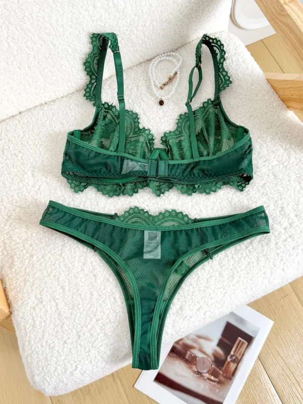 Sexy Vintage Green Eyelash Lace Lingerie Set Ladies Sheer Mesh Underwire Bra Thong Nightwear 2‑Piece S‑XL