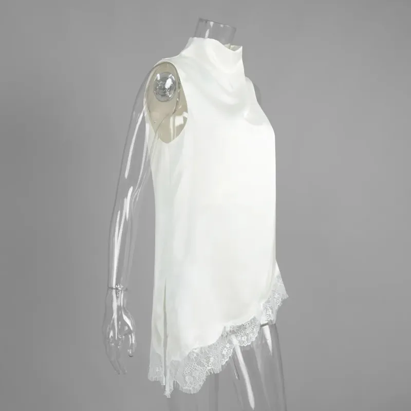 Women's Satin High Neck Lace Trim Sleeveless Tanks Summer Fashion Casual Irregular Silhouette Delicate Solid Color Tops