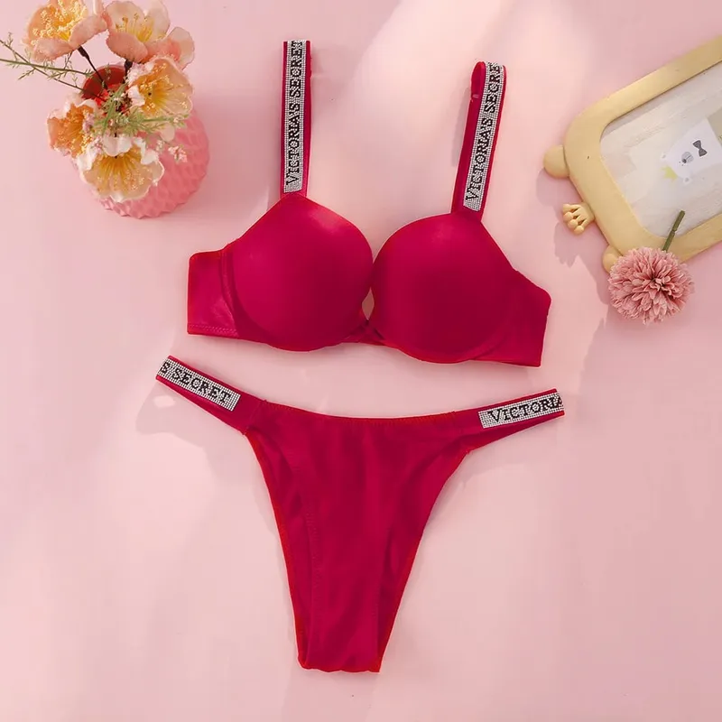 Victoria's Secret Push Up Bra And Panties Set For Women Rhinestone Logo Shoulder Straps Lace Underwear Sexy Lingerie Set