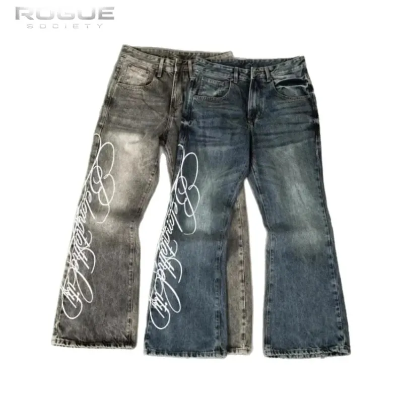 American Retro Y2K Streetwear Men Women Jeans Grunge Washed Faded Script Print High Street Hip Hop New Denim Summer Pants Casual