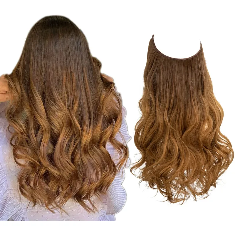Sintético sem clipes na extensão do cabelo natural ombre preto loiro rosa uma peça onda longa fio invisível falso pedaço de cabelo