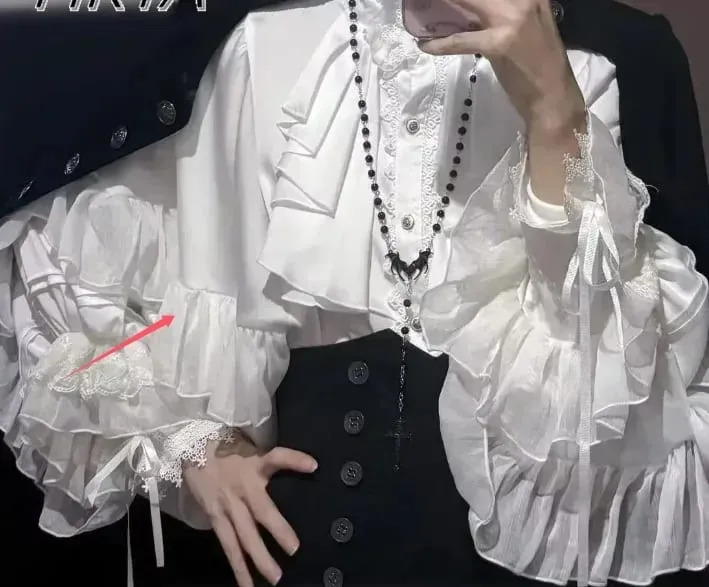 Gotická košile Y2k Top Lolita Dívčí Volánková Sukně Deštník Vysoký Pas Oversized Dlouhá sukně Rohový Dlouhý rukáv Studentská Elegantní halenka