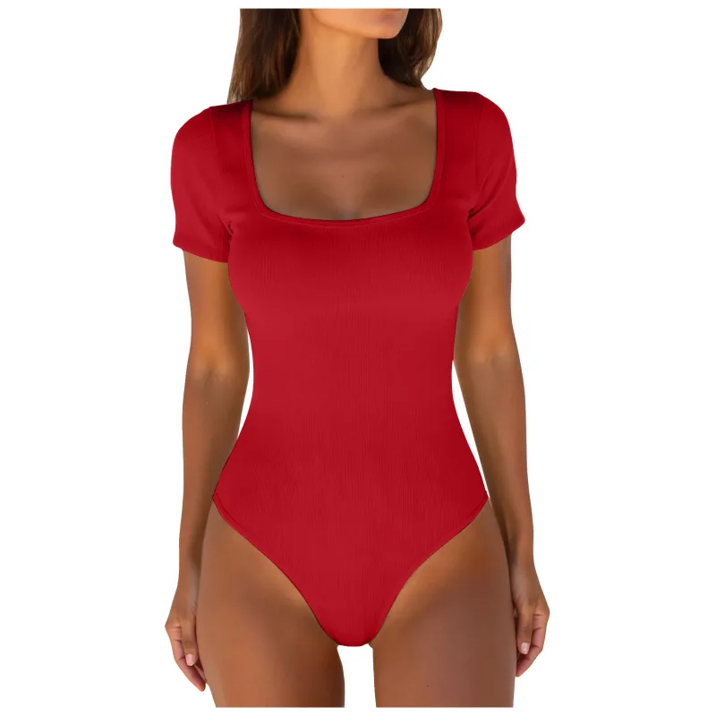 Sexy Bodysuits One-Piece Ribbed Square Neck Short Sleeve Bodysuits Women's Tummy Control Knitted Bottoming Tops Body Shaper