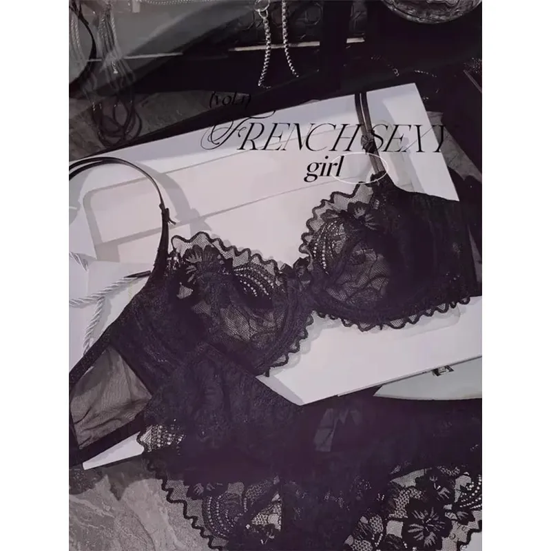 French Ultra Thin Sheer Lace Bra Set Underwire Perspective Beauty Back Large Bust Minimizer Side Shaping Anti Sag 32-38 Bra Set