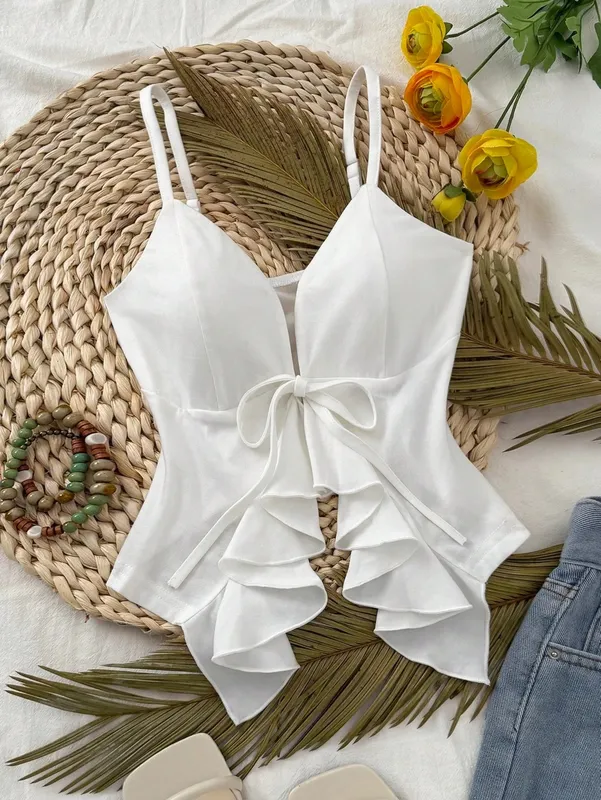 Women Deep V Spaghetti Strap Cami Top Front Self Tie Bow Ruffle Cutout Waist Slim Fit Solid White Summer Y2K Sleeveless Tank Ves