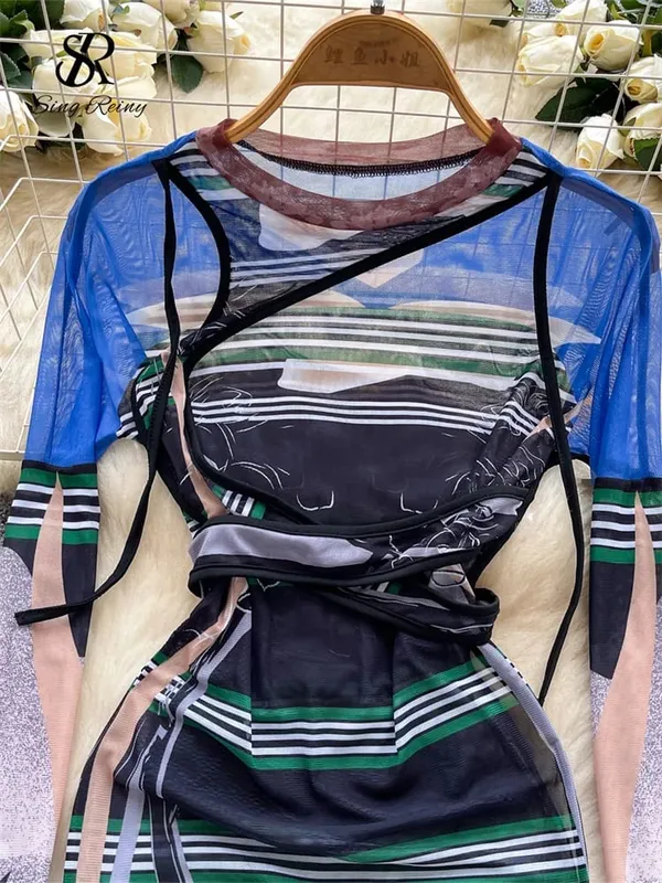 Multicolor Print Mesh Dress Sheer Long Sleeve Lace Up Slim Night Party Short Dresses Women Clubwear Bodycon Mini Dress