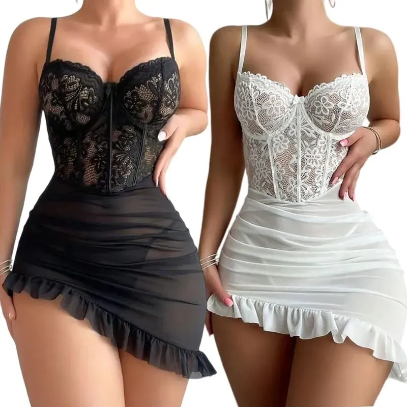Summer Women Sexy Lingerie Babydoll Lace Mesh Slip Dress Ruffle Trim Spaghetti Strap Nightgown Sleepwear Nightdress