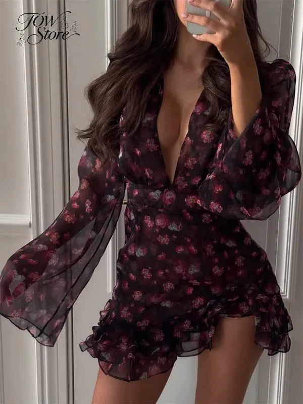 Elegant Print Low-cut Ruffle Short Dress Women V-neck Short-sleeved Waist Cinching Pleated Mini Dresses Casual Party Vestidos