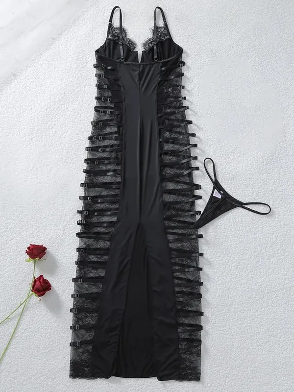 Belamimi Sexy Perspective Lace V‑Neck Cami Shapewear Bodycon Dress Sleeveless Slim Mini Dress With Panties Club Nightwear