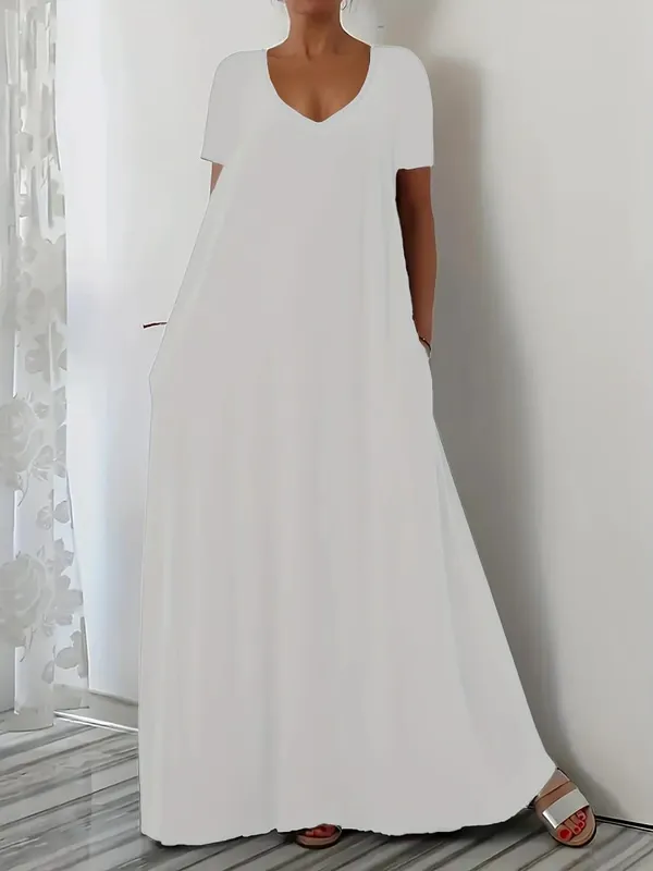 Grande taille été nouvelle jupe longue décontracté ample à manches courtes couleur unie col en v robe de grande taille pour les femmes