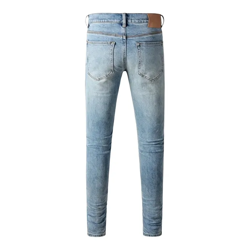 Men's Slim Taper Ripped Jeans Vintage Light Blue Wash Frayed Edges Button Fly High Street Style Denim Pants