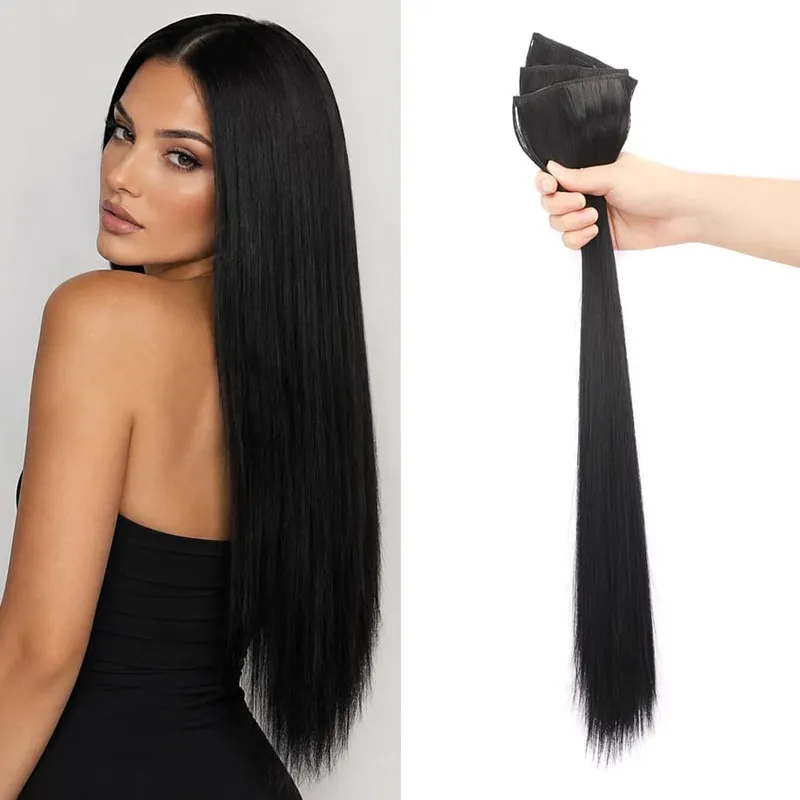 Clip in Hair Extension for Women - 3 Pcs Thick Double Weft Long Straight Soft Synthetic Blends Well Hair Extension 20inch Dark B