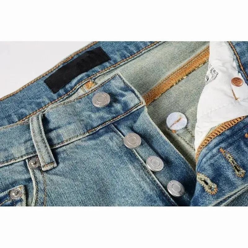 Men's Large Knee Ripped Slim Tapered Jeans Vintage Light Blue Wash Heavily Frayed Button Fly High Street Style