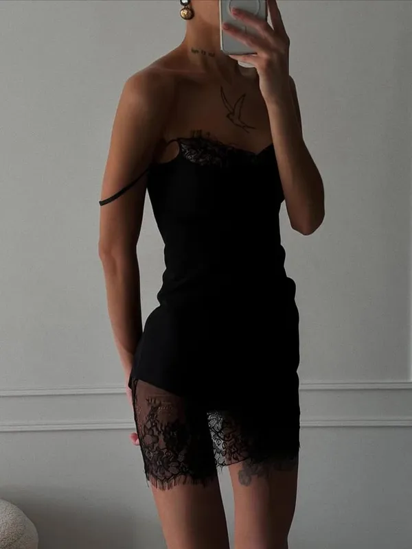 Chic Lace Trim See Through Sling Dress Women Sexy Waist Cinched Slim Fit Sleeveless Vestidos 2026 Lady Daily Party Short Gowns