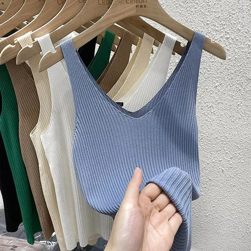 New Summer Sexy V-Neck Sleeveless Knit Women Camis Slim Pure Desire Style Basic Crop Top Korean Style Solid Versatile Tank Top