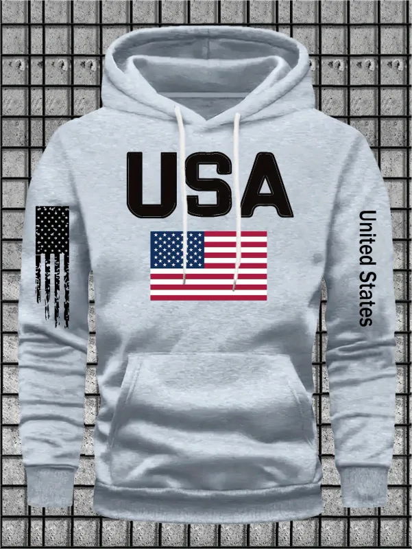 Urban patriotic-themed men's hooded sweatshirt with USA lettered and flag graphics. Street fashion design, loose turtleneck top.