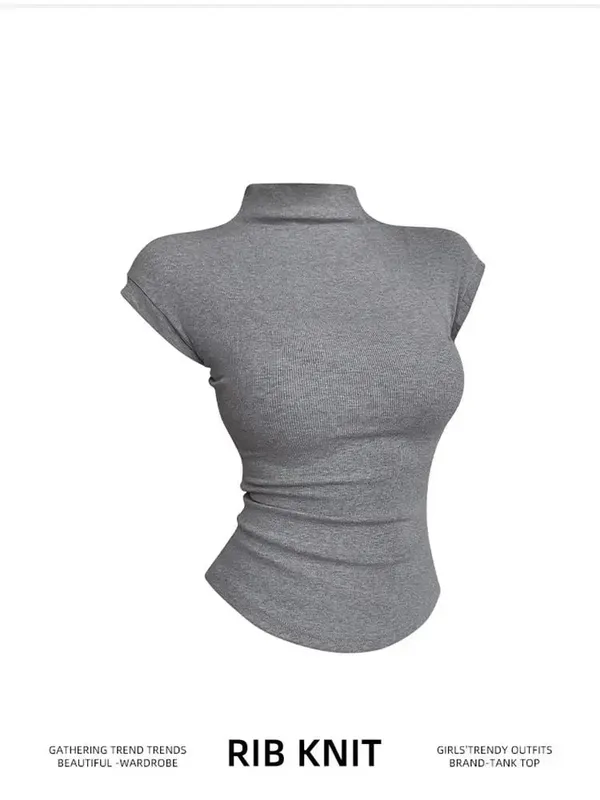 Women's Ribbed Cotton Short-Sleeve Commuter Top Stretchy Soft Minimalist Versatile Slim-Fit Breathable.