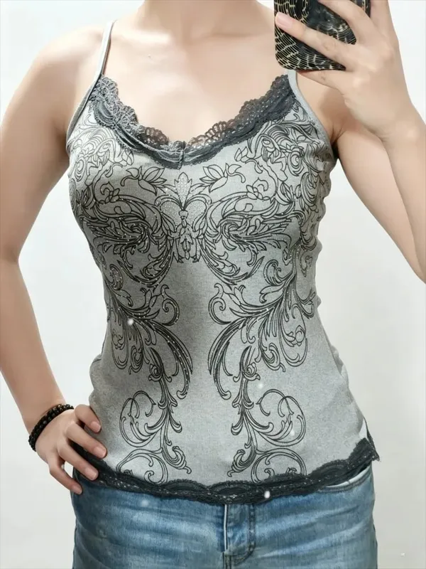 Punk Hottie Vintage Diamonds Print Camisole Vest Women American Sexy Outerwear Slim Patchwork Lace Tanks Gothic Y2k Crop Tops