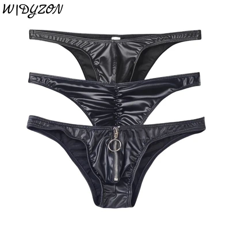3pcs Men Bikini Faux Leather Briefs Underwear Man Sexy Mini Underpants Cuecas Butt-lifting Zipper Low Waist Male Sissy Panties