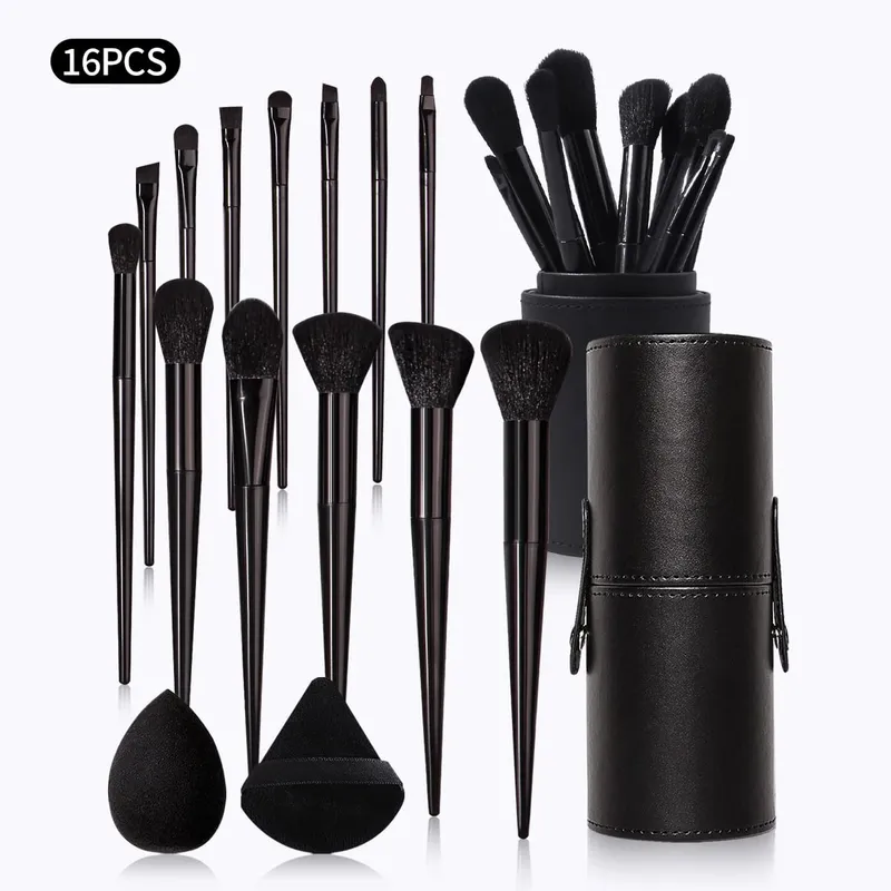 16Pcs Black Makeup Brush Kit with Storage Holder & Powder Puffs Soft Fluffy Brushes Premium Black Synthetic Brushes for Full F