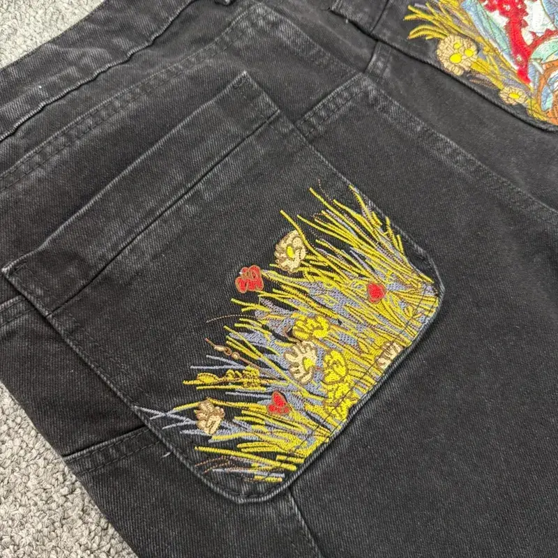 Streetwear Floral Embroidery Washed Baggy Jeans Pants for Men and Women Straight Casual Loose Denim Trousers Oversized
