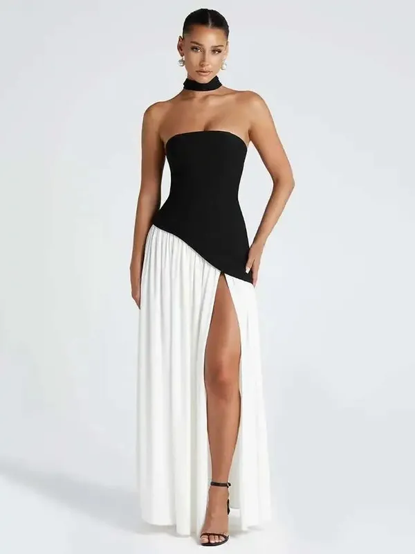 Elegant Off-shoulder Strapless Sexy Summer Party Women Gown Patchwork Pleat Scarf Neck Holiday Evening High Split Long Dresses
