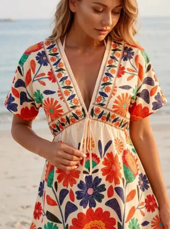 Bohemian Floral Beach Cover-Up Dress V-Neck Short Sleeve Mini Skirt Perfect for Your Next Vacation