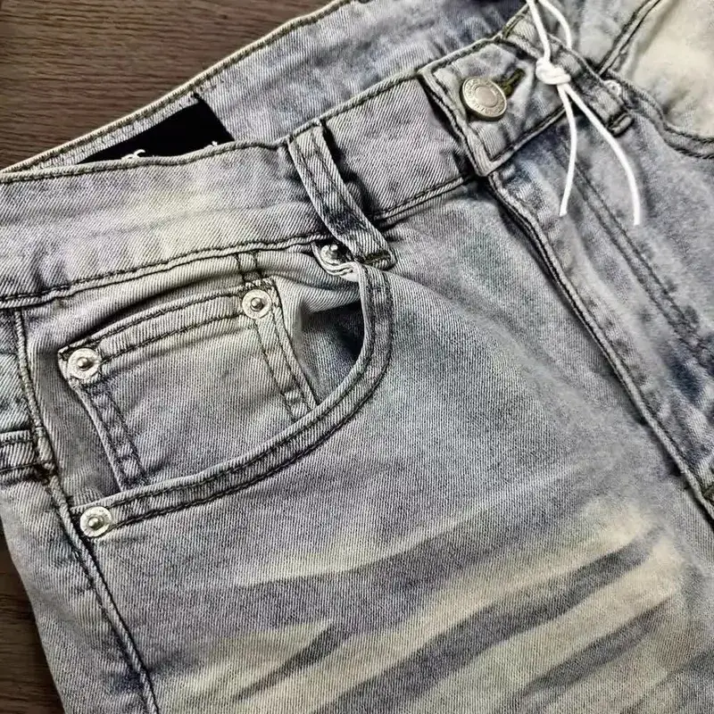 Man Jeans Designer Menswear Clothing Luxury Washed Light Blue Cat Whisker Slim Elastic Jeans Men's Thin Straight Scimitar Pants