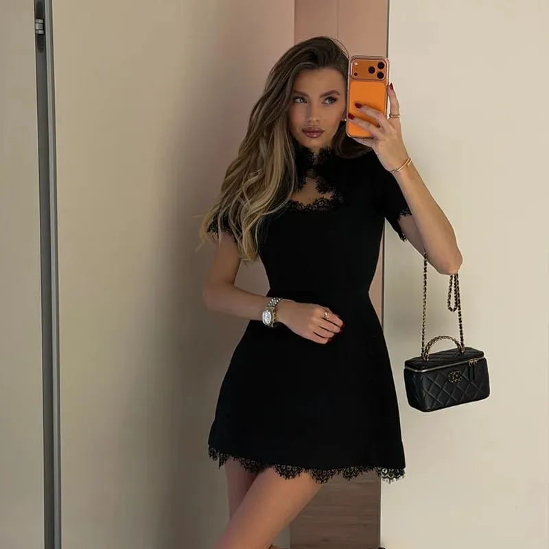 Sexy Women's Mini Dresses Patchwork Short Sleeves Lace Hollow Out Slim Fit Trend Baisc Turtleneck Streetwear Female Robe