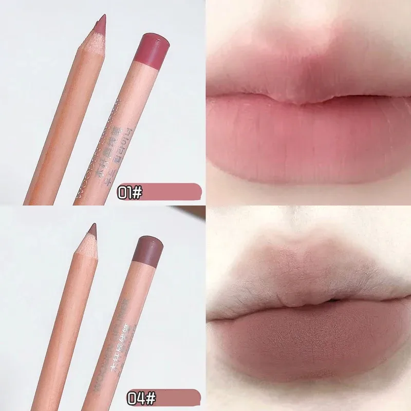 Wooden Matte Lip Liner Pencil Long Lasting Waterproof Nude Low Saturation Lip Pencil Natural Contour Lip Makeup for Beginners